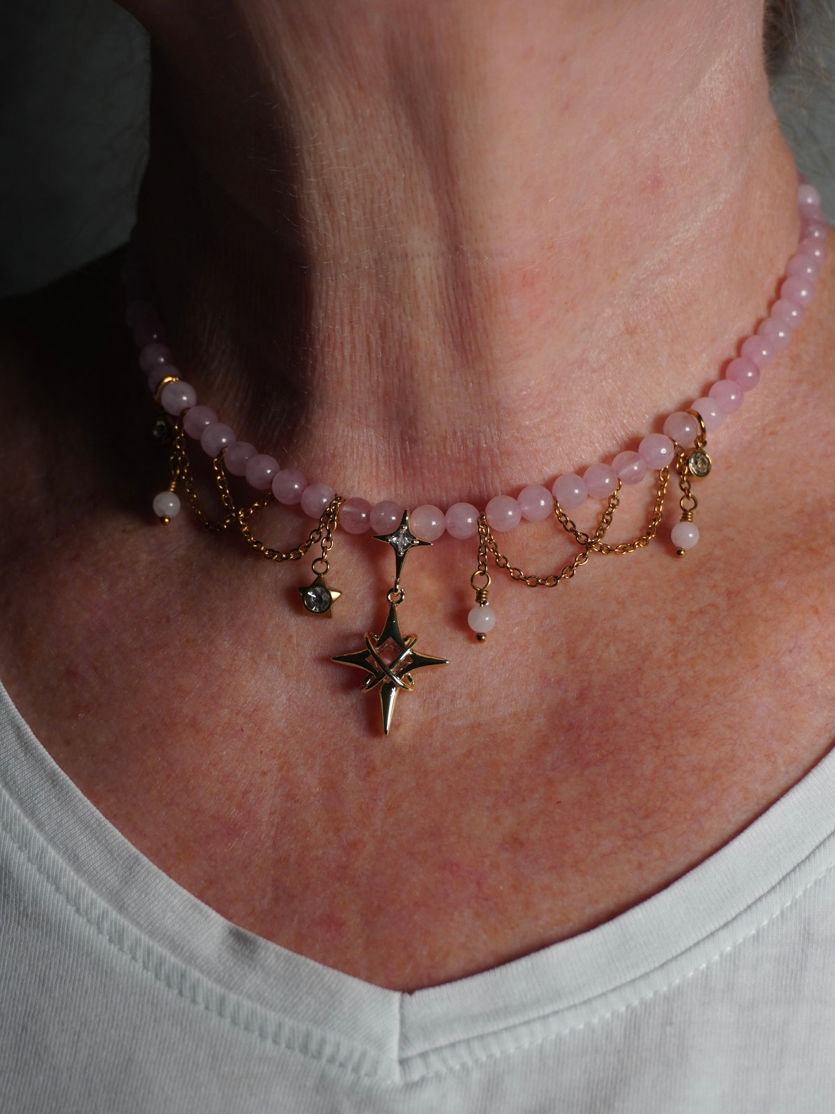 Stella | Rosenquarz Kette | Edelstahl Gold